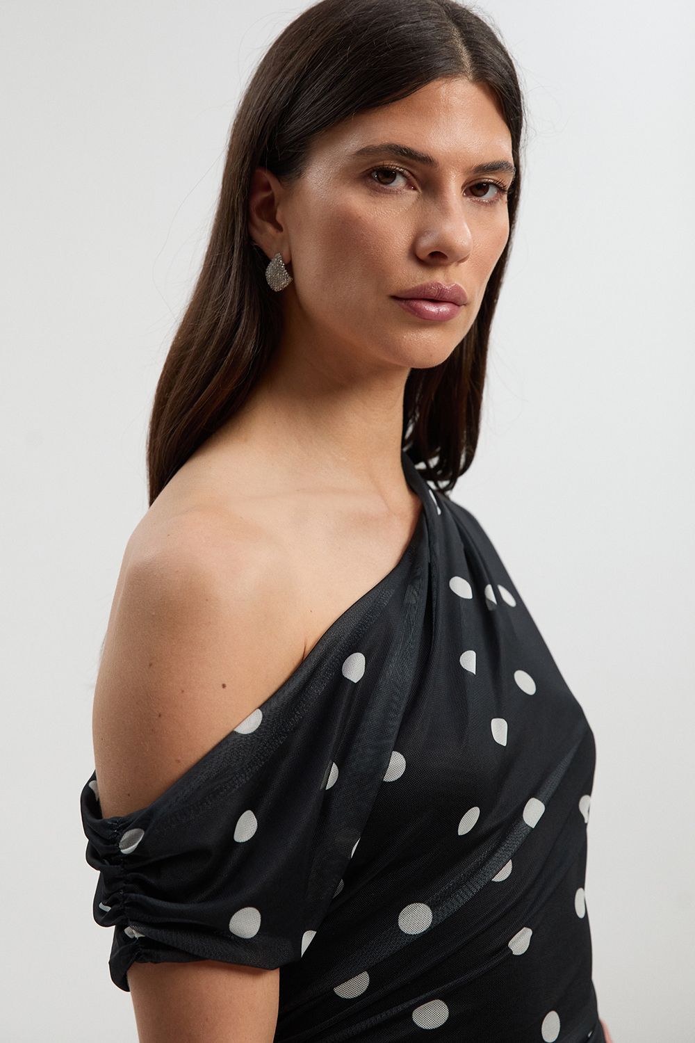 KarenMillen Polka Dot Mesh One Shoulder Ruched Midi Dress