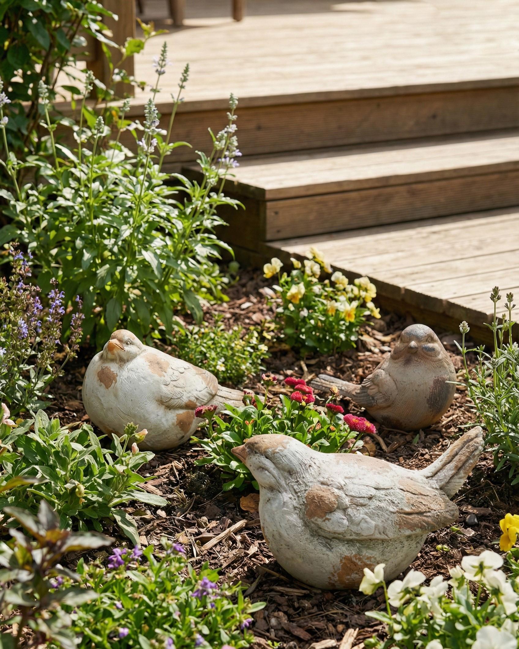 Set of 3 Garden Figurines ANGHIARI Bird Beige