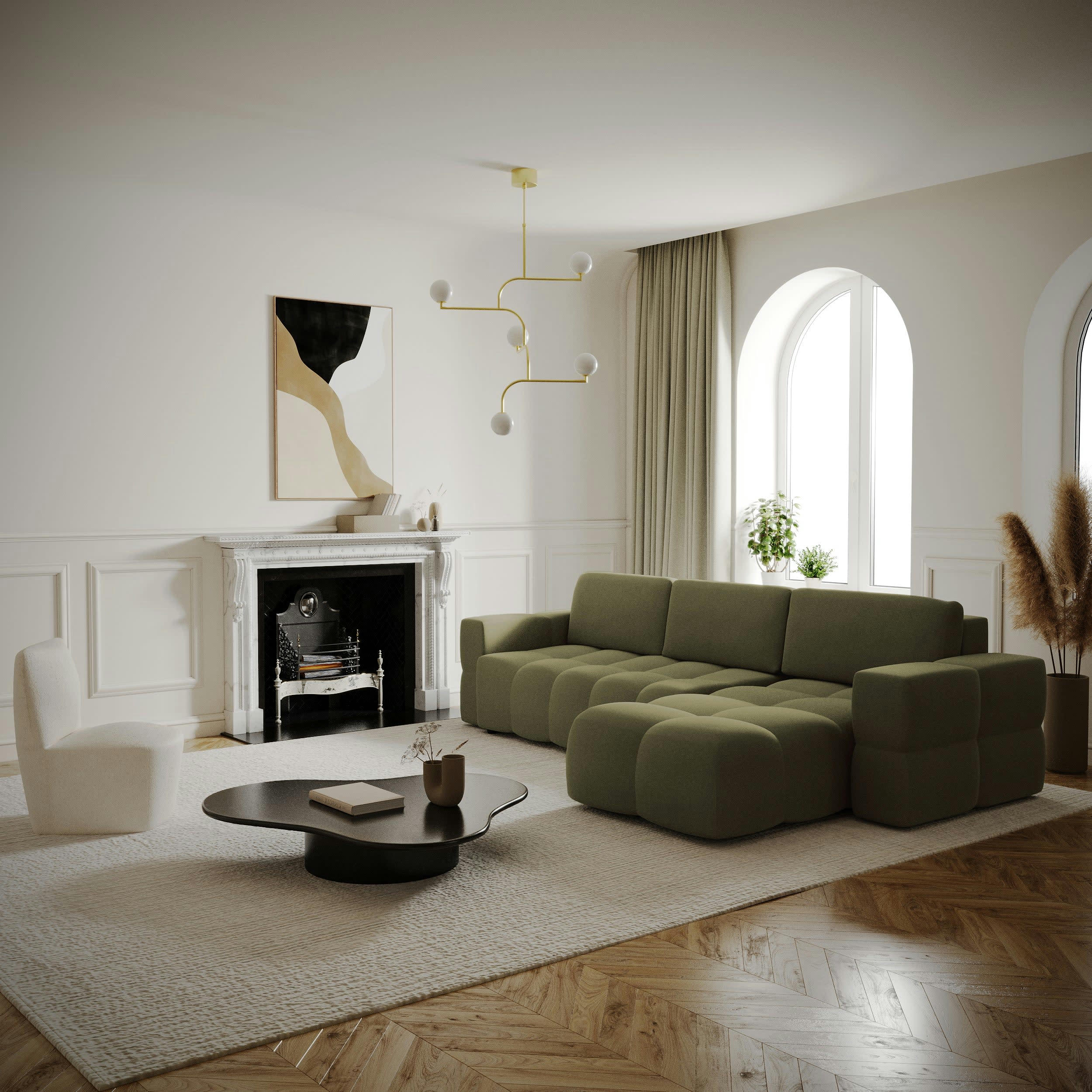 GABRIEL - Canapé d'angle droit convertible coffre tissu tramé vert 260x180cm