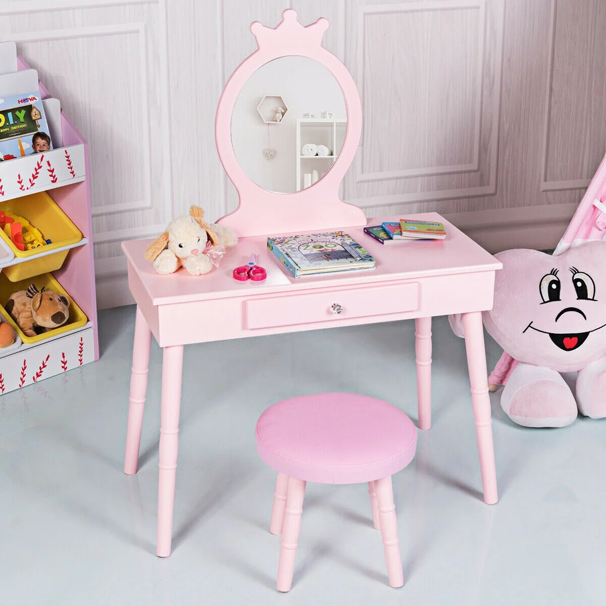 Gymax Kids Vanity Makeup Table & Chair Set Make Up Stool Play Set for