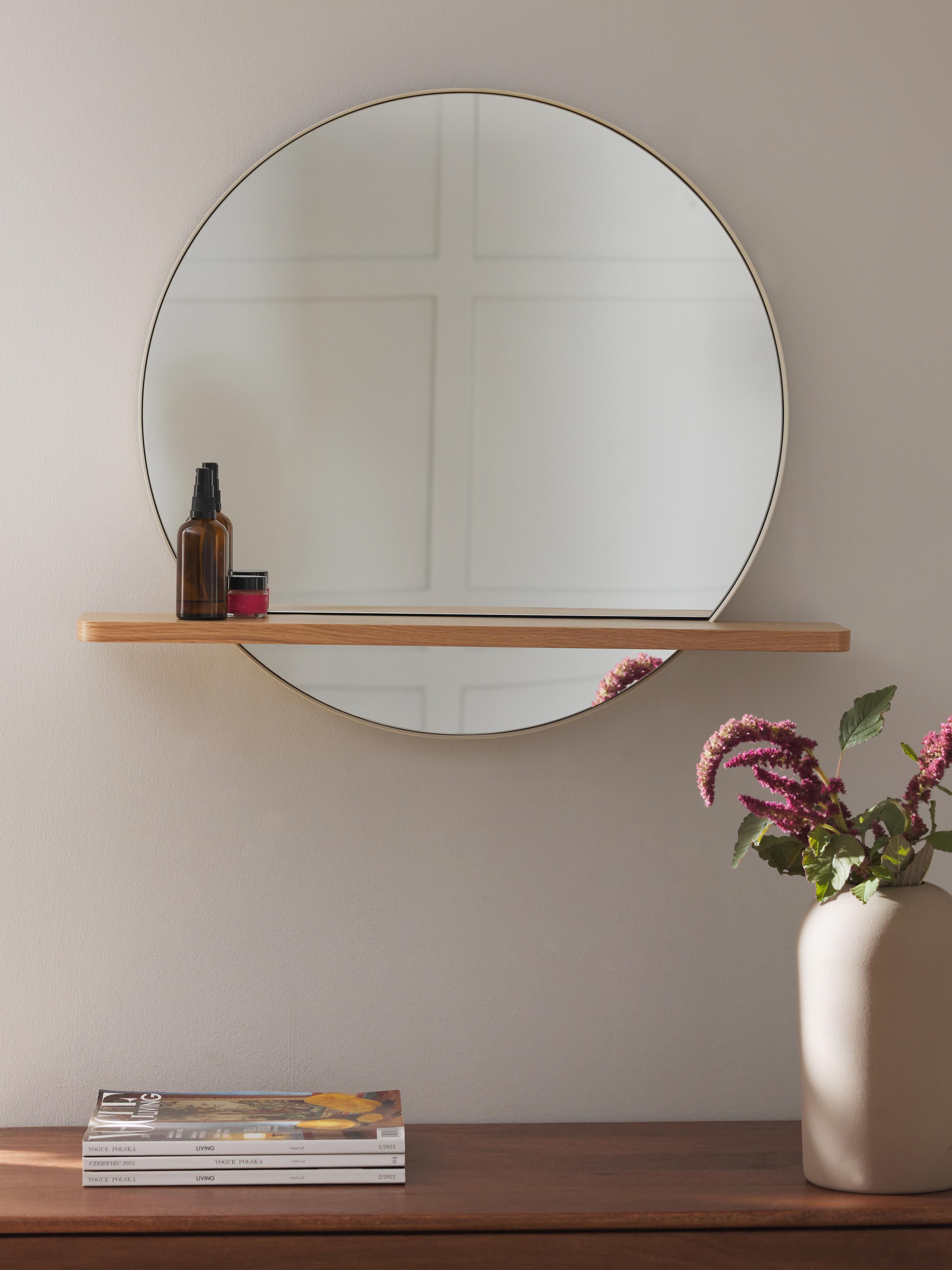 Runder Wandspiegel Kenny mit Holz-Ablage