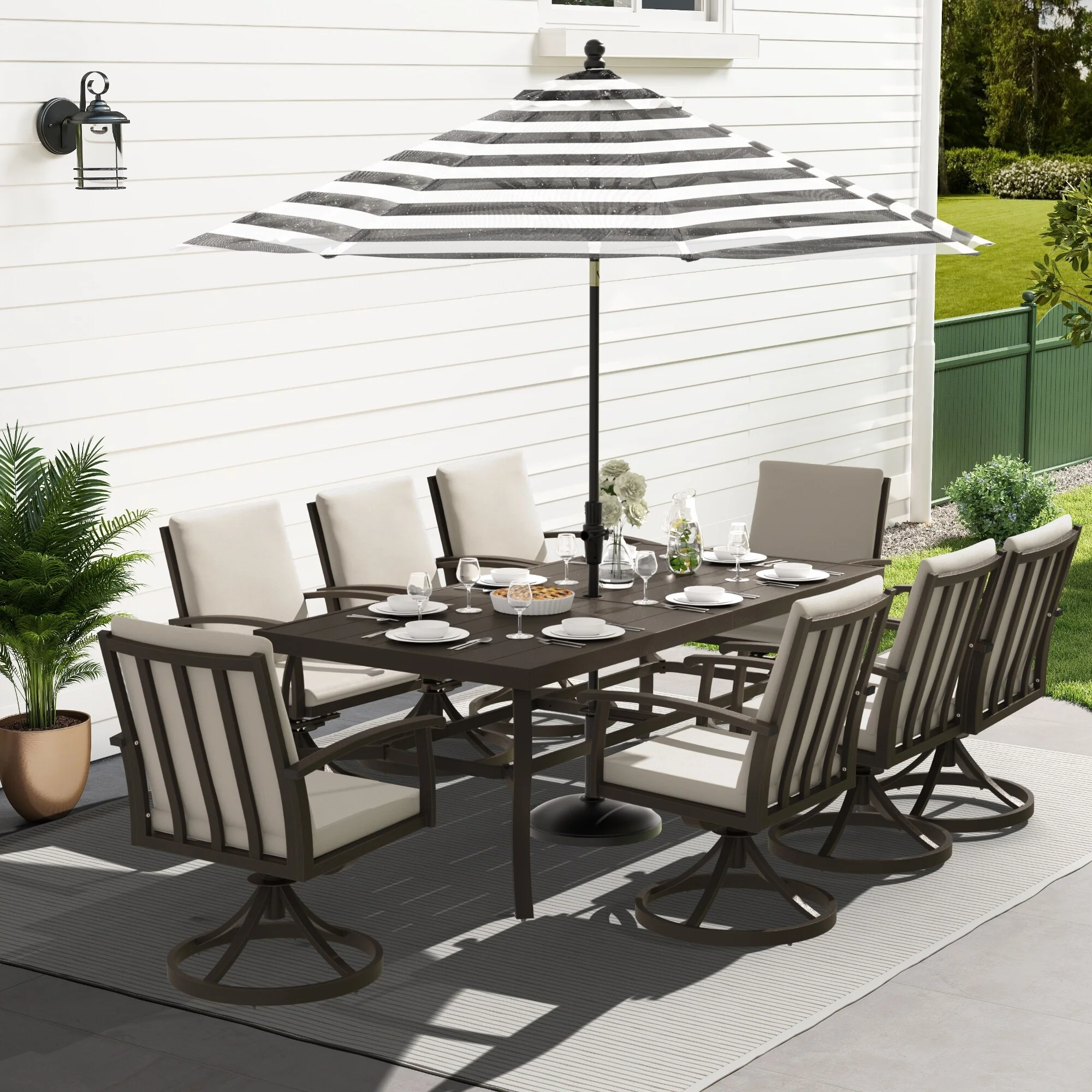 EGEIROS LIFE AluLux 9-Piece Aluminum Patio Dining Set with 8 Swivel Dining Chairs and Washable Cushions