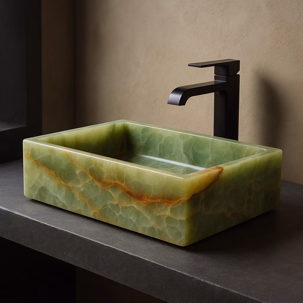 Handmade Green Onyx Rectangular Vessel Sink | 14 Inch Natural Stone Bathroom Basin