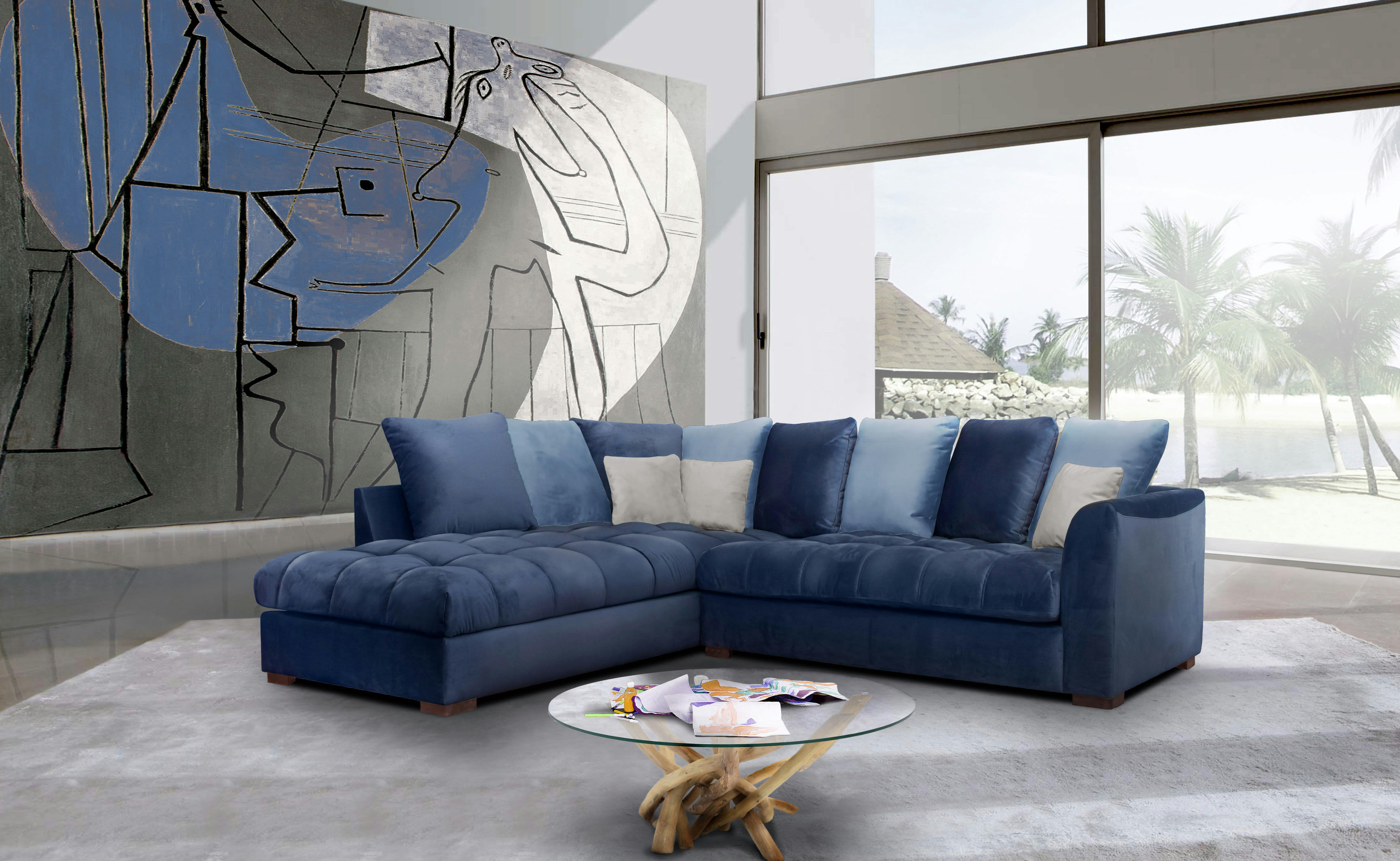 BARDI - Canapé d'angle gauche 5 places tissu bleu foncé