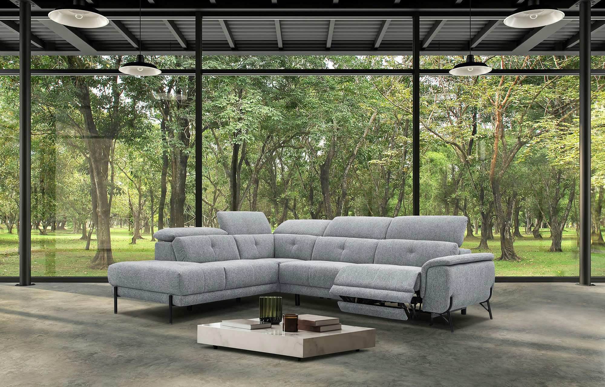 AVENA - Canapé d'angle gauche 5 places relax électrique tissu gris clair