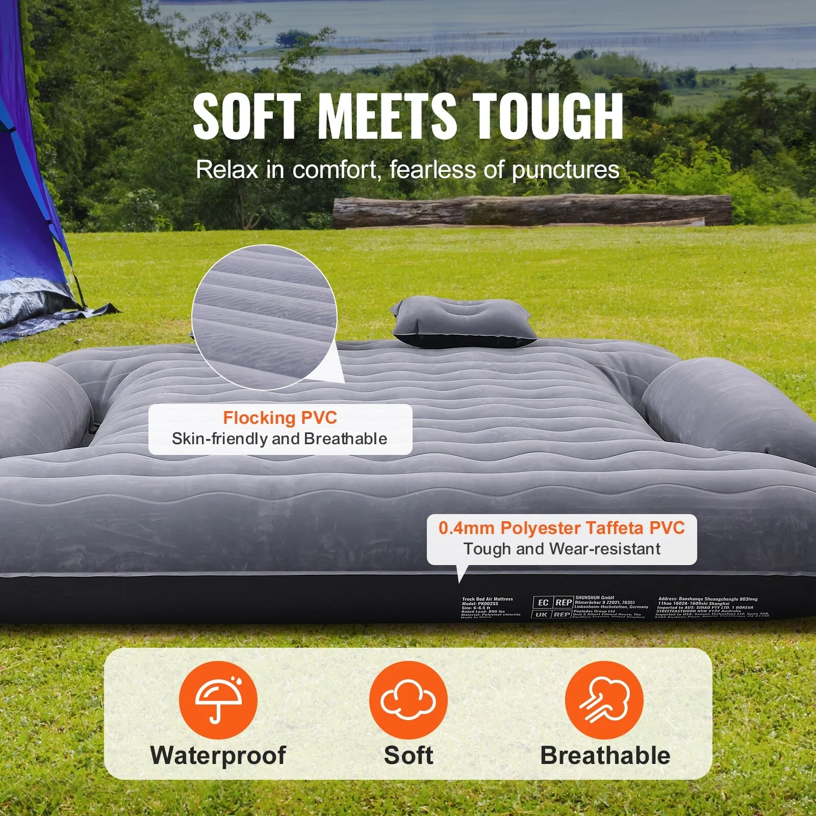 Truck Bed Air Mattress, for 6-6.5 ft Full Size Truck Beds, Inflatable Air Mattress Camping Bed with 12V Air Pump 2 Pillows