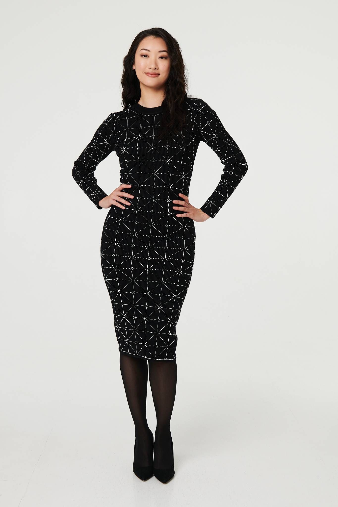 Izabel London Geo Diamante Detail Slim Knit Midi Dress