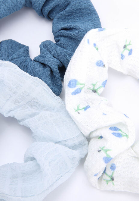 Womens 3pk Blue Floral Scrunchies