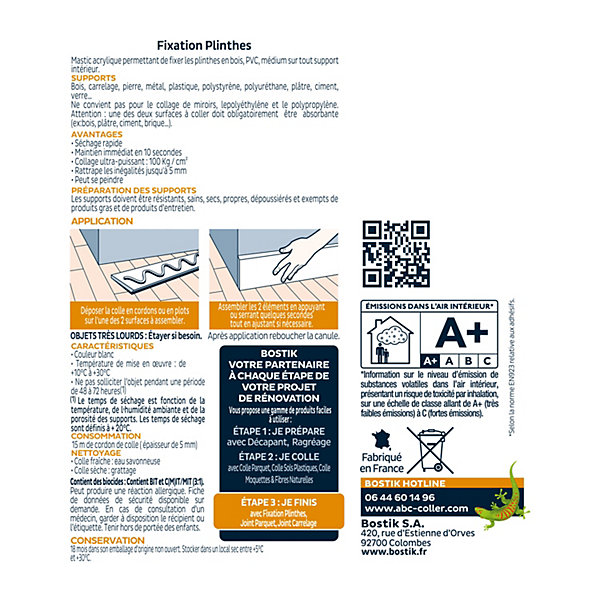 Colle Parquets Bostik Fixation Plinthes Cartouche 310 ml