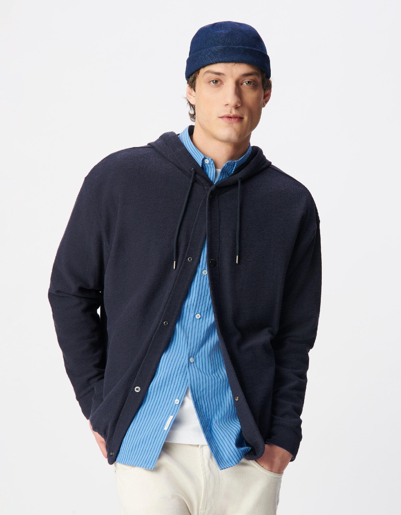 Cardigan capuche marine boutons pressions Homme