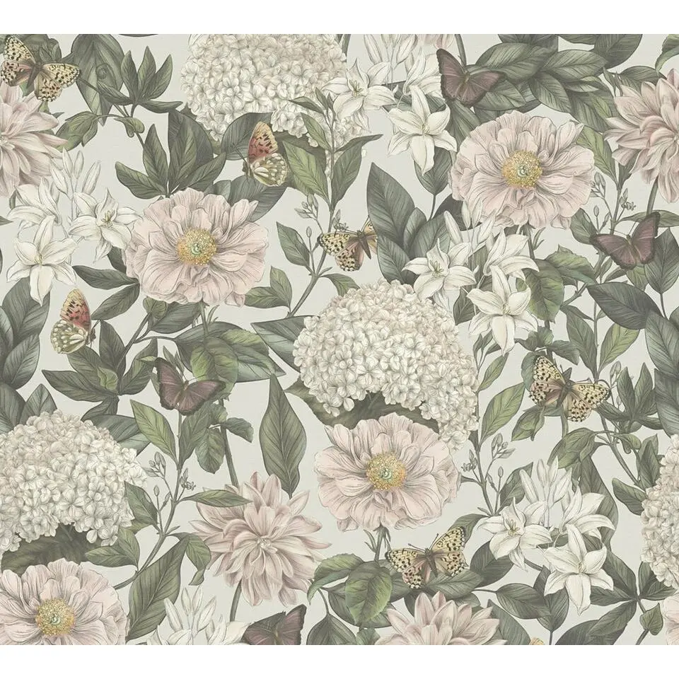 Livingwalls behang bloemen lichtgrijs, wit, donkergroen en bordeaux rood