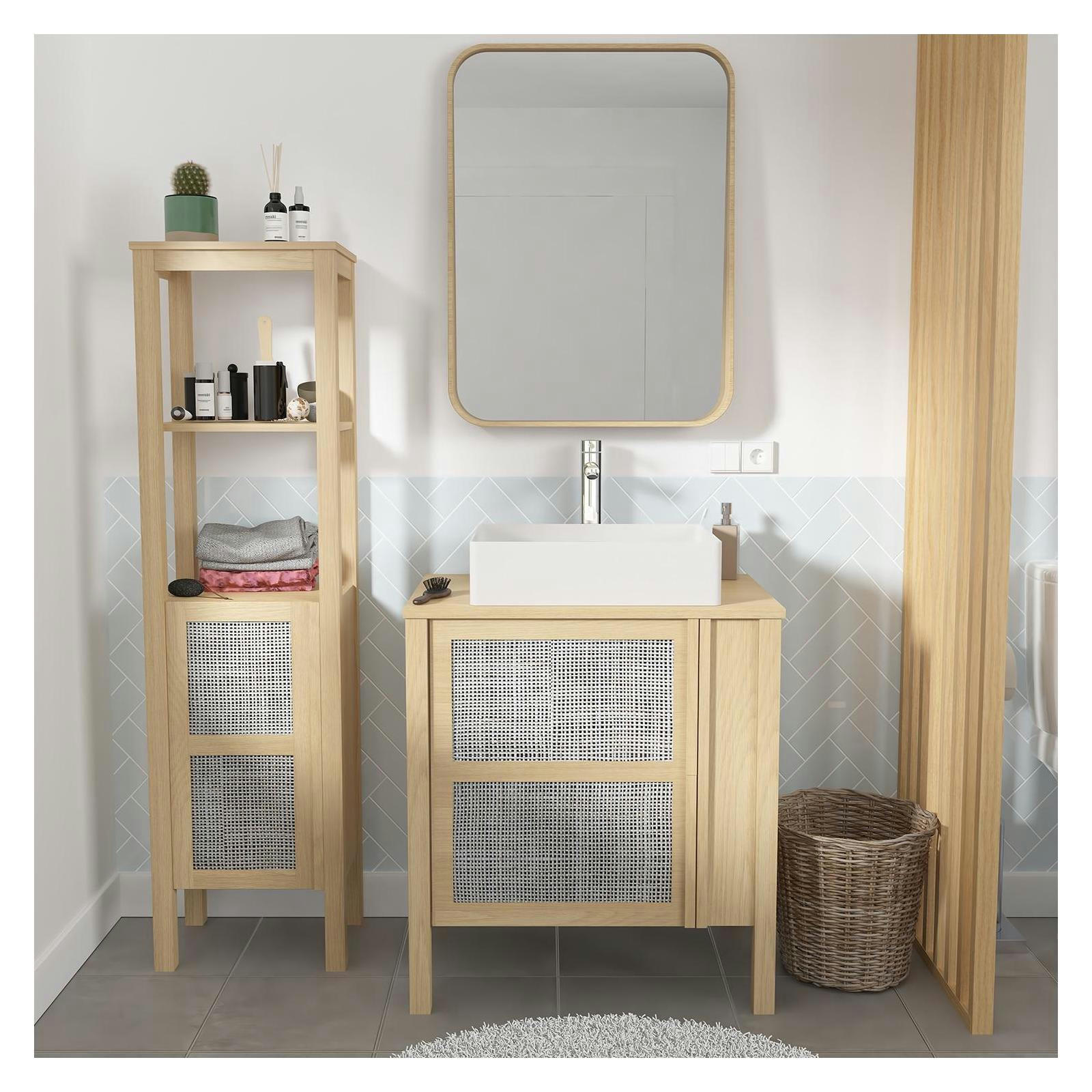 NESTO - Meuble simple vasque 70cm chêne  cannage+vasque+robinet+miroir+colonne