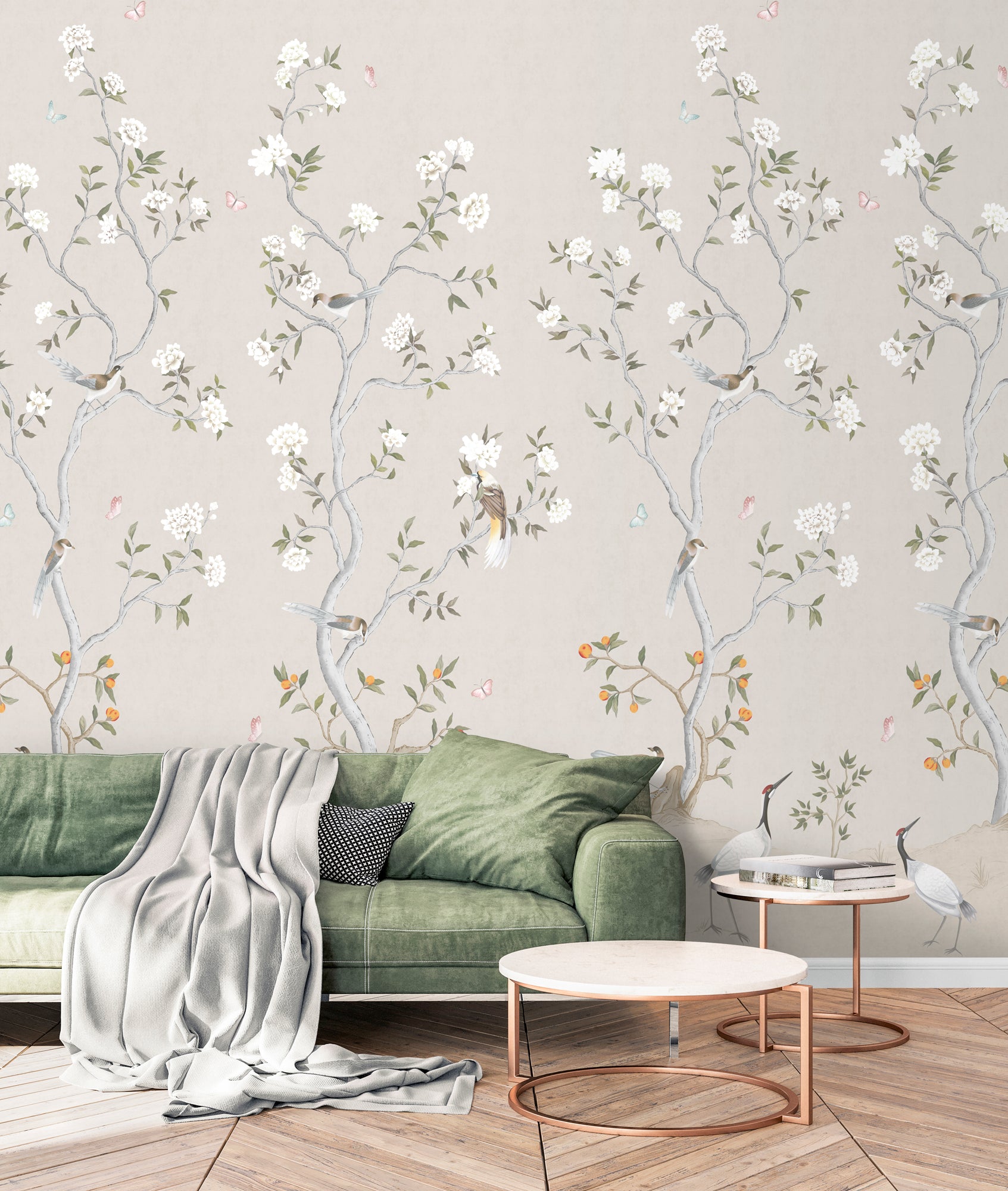 Sanders & Sanders fotobehang bloemen en vogels beige en wit - 159 x 280 cm - 640214