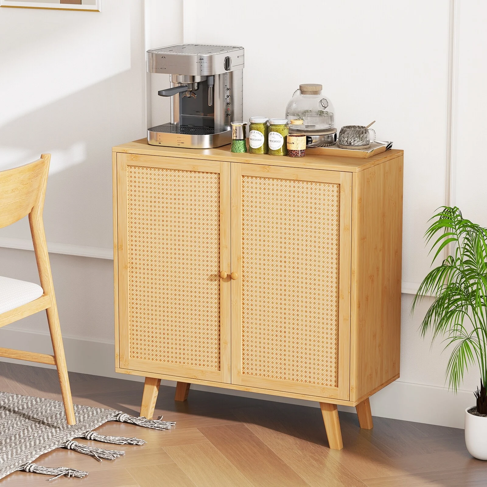 Natural Wicker Buffet Storage Cabinet with Rattan Doors, 2-Door Buffet and Non-Slip Pads - 31.5 L x 13.5 W x 33.5 H
