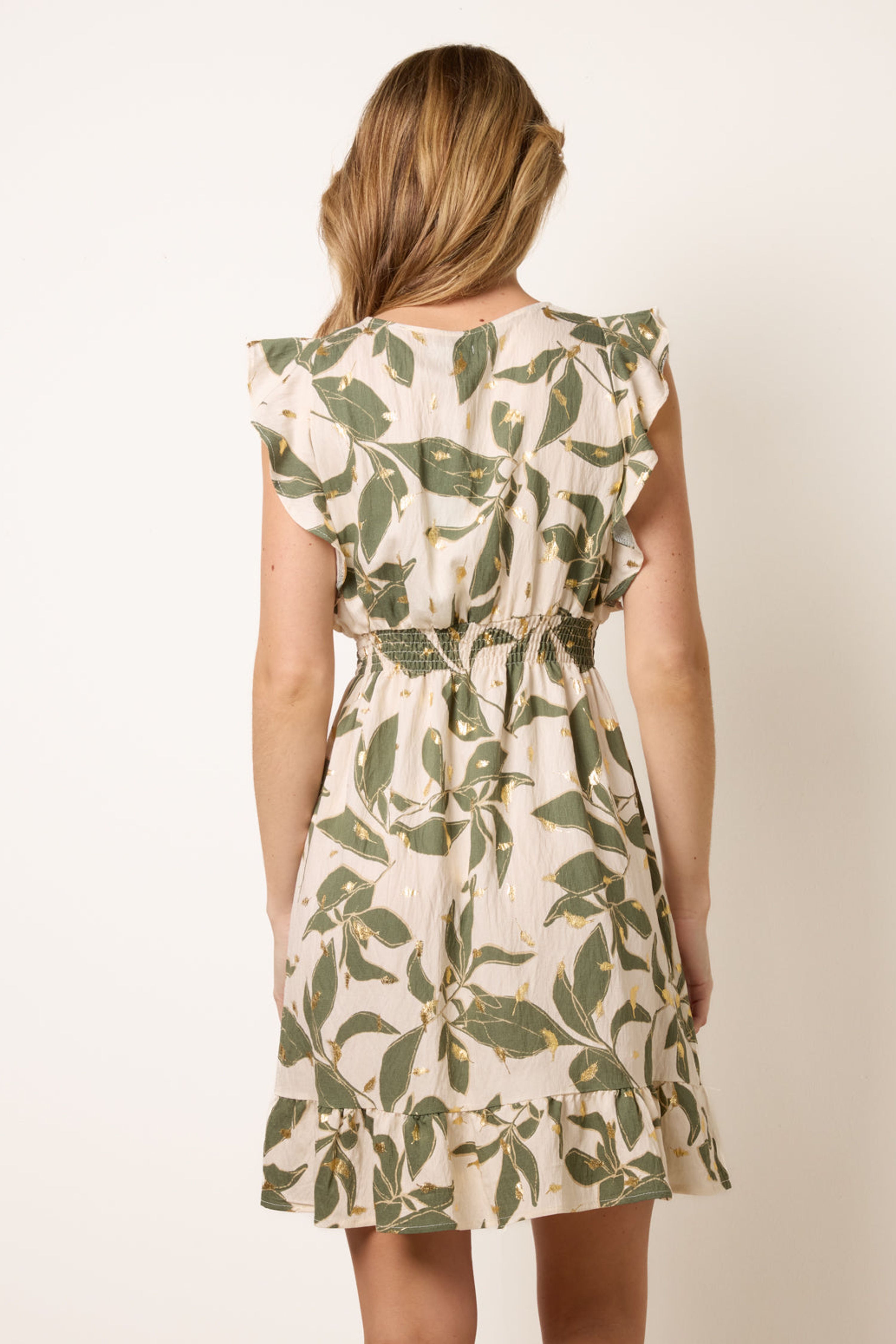 Blue Vanilla Khaki Tropical Print Wrap Over Mini Dress With Flutter Sleeve