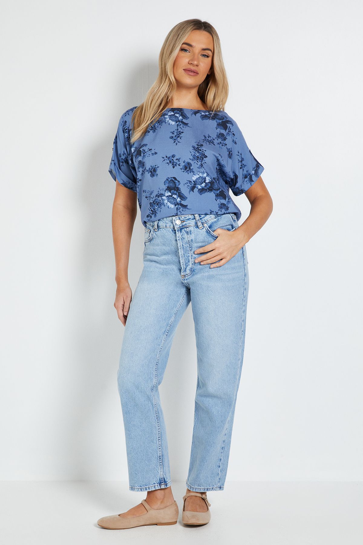 Dorothy Perkins Blue Floral Printed Roll Sleeve Blouse