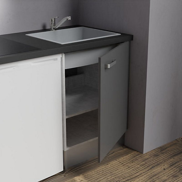 Kitchenette K02 - 120 cm - Façades : Gris - Plan de travail : Noir texturé - Crédences : Non - Evier Gris