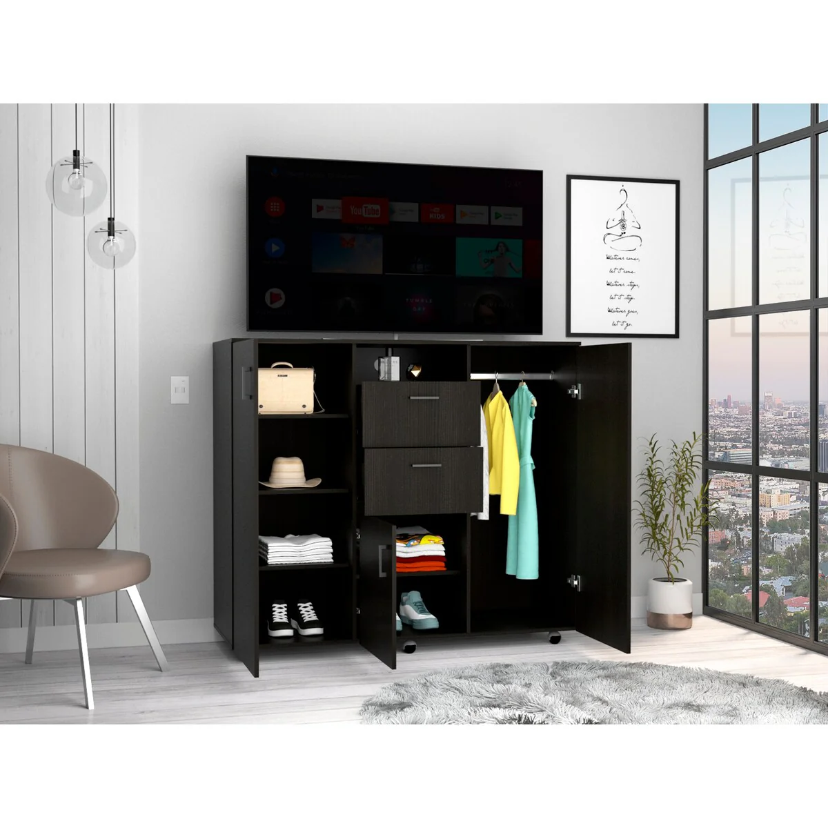 Letna Double Door Cabinet Dresser, Two Drawers, Four Interior Shelves, Three Cabinets With Door, Rod -Black