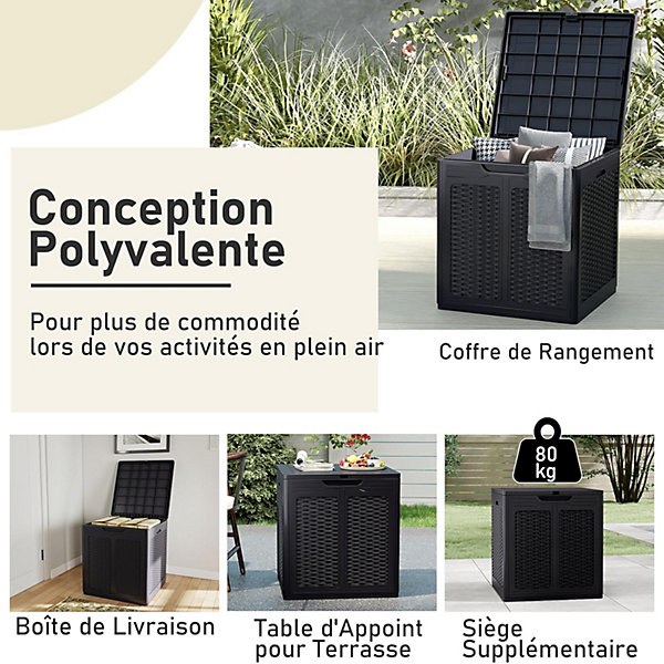 Coffre de Jardin Exterieur Etanche 145 L avec Couvercle Verrouillable, Design Rotin, Poignées Latérales (Noir,56x56x60,5 cm)