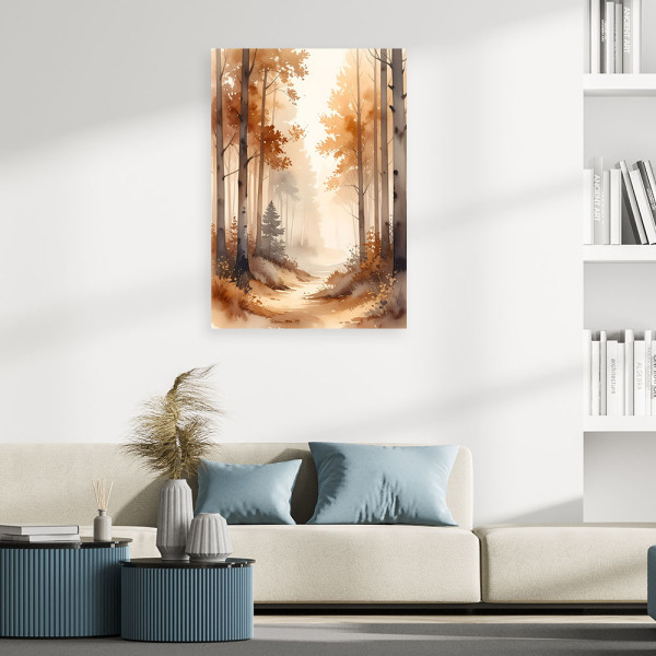 Obraz do salonu sypialni, Jesienny Mglisty Las Akwarelowy Leśny 20x30