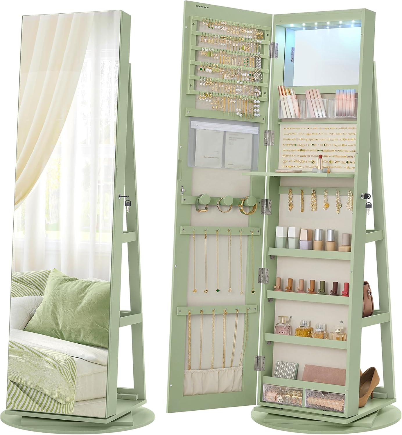 SONGMICS 6 LEDs Lockable Mirror Jewelry Cabinet, 360° Swivel Jewelry Organizer Armoire Standing, Full-Length Mirror with Storage, Mothers Day gifts for Mom, Laurel Green, Cream White Lining UJJC007C01