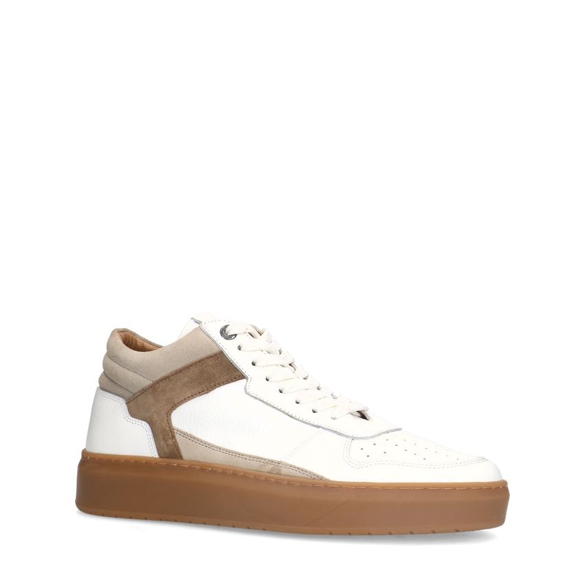 Manfield Witte leren sneakers met bruine suède details