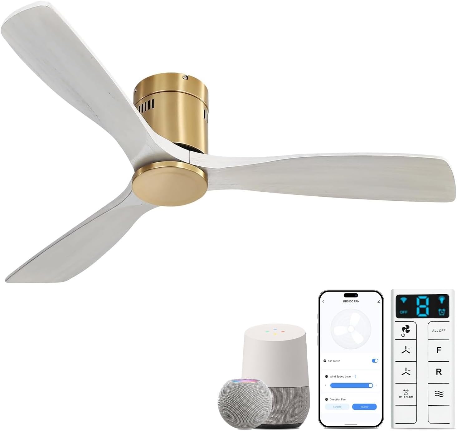 Sofucor 52 Inch Smart Ceiling Fan Without Lights Flush Mount Solid Wood Ceiling Fan with Alexa/Google Assistant/APP/Remote Control-Modern Outdoor Ceiling Fans No Light for Bedroom/Patio, Grey Gold