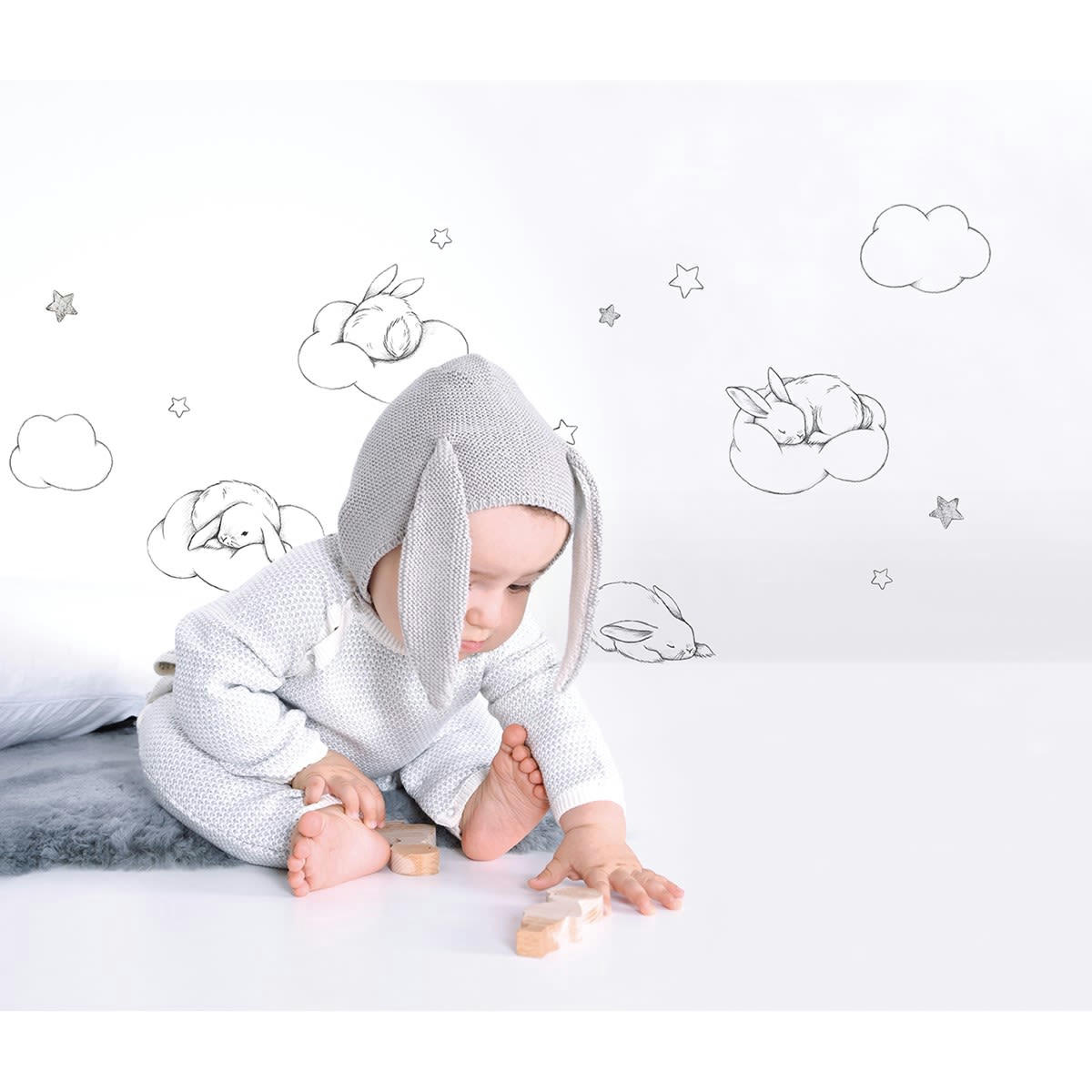 BUNNY - Stickers bébé lapins et nuages en Vinyle mat Gris