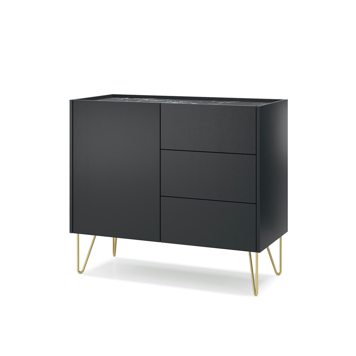 - Buffet 1 porte 3 tiroirs noir et marbre