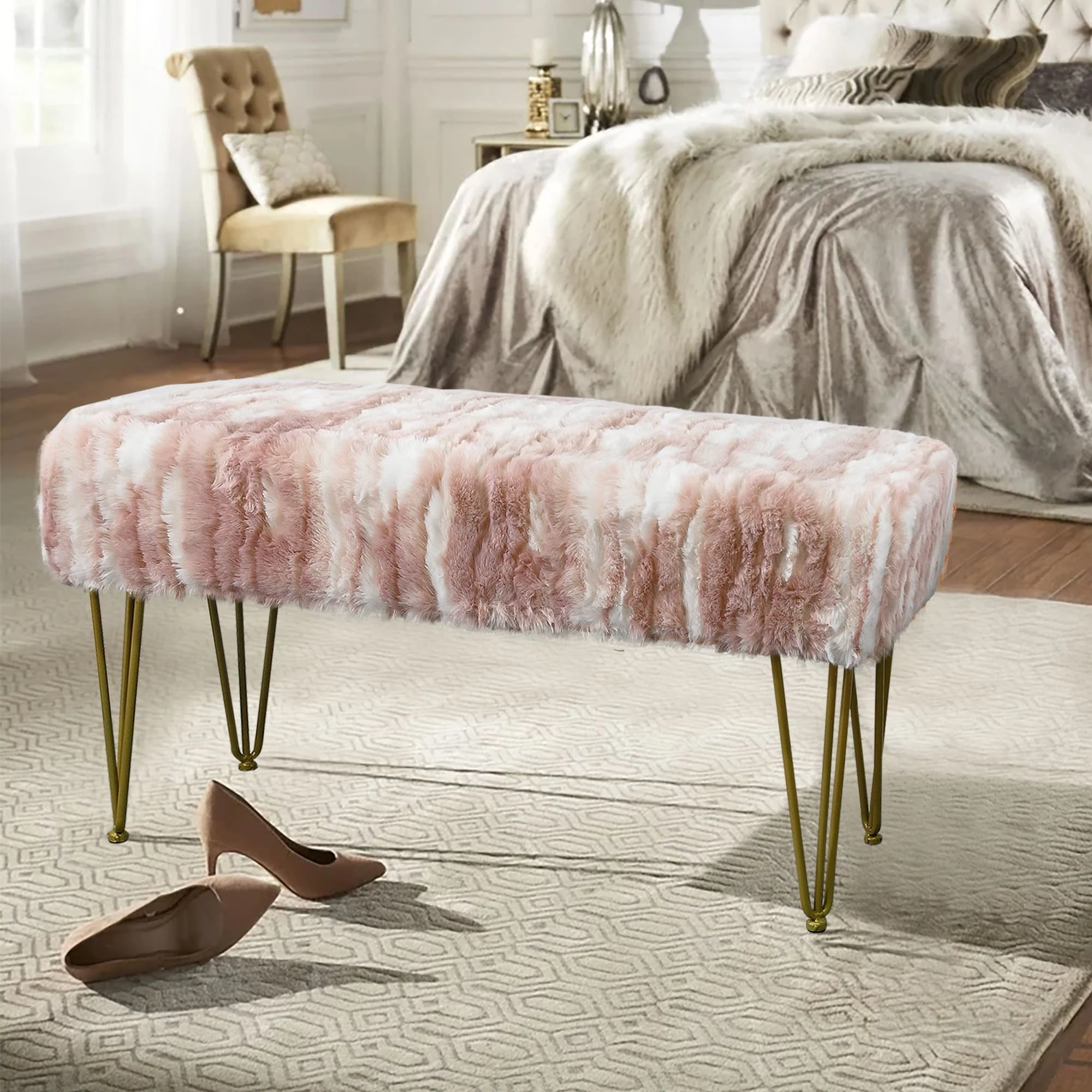 Home Soft Things Soft Fauxfur Ottoman Fuzzy Entryway Bench Seat