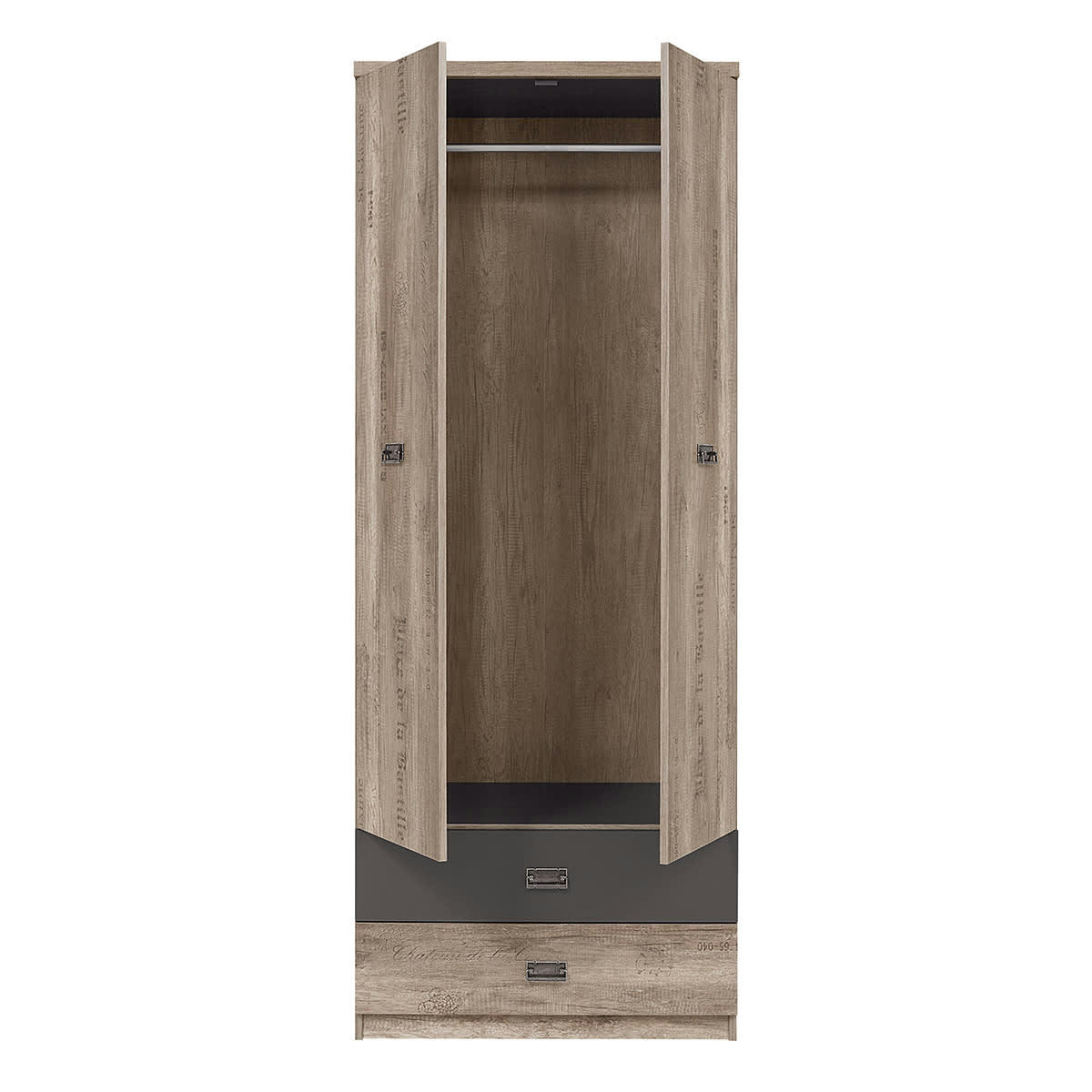 - Armoire 2 portes 2 tiroirs stratifiés naturel et gris
