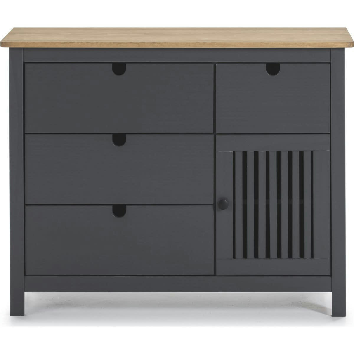 FABIA - Commode 1 porte 4 tiroirs en pin massif gris anthracite 100 cm