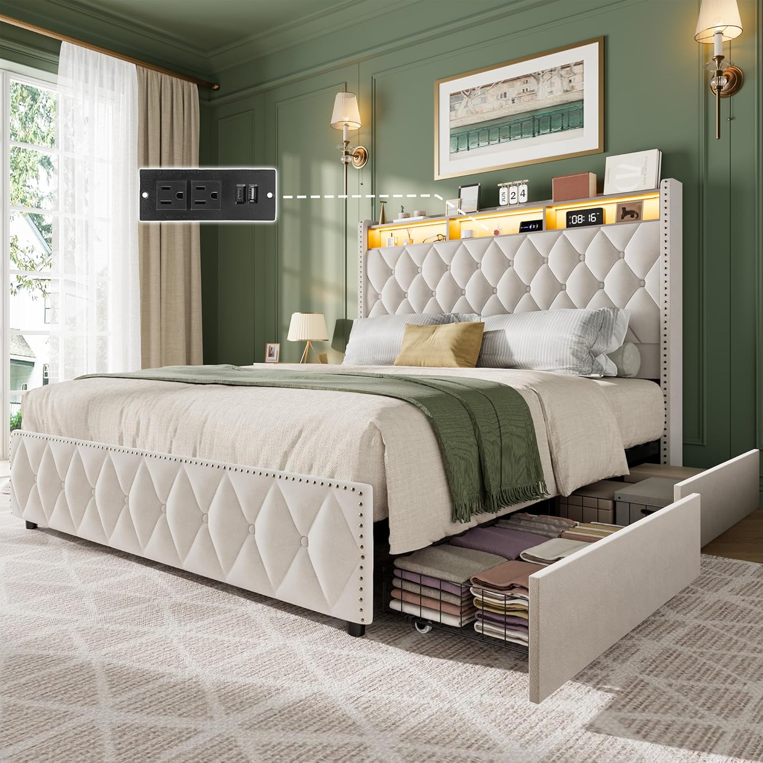 GarveeHome King Size Bed Frame with 50.8 in Tall Headboard, Platform Velvet Upholstered Bed Frame with 4 Storage Drawers, USB Charging Station, Led Lights, No Box Spring Needed, Easy Assembly, Beige
