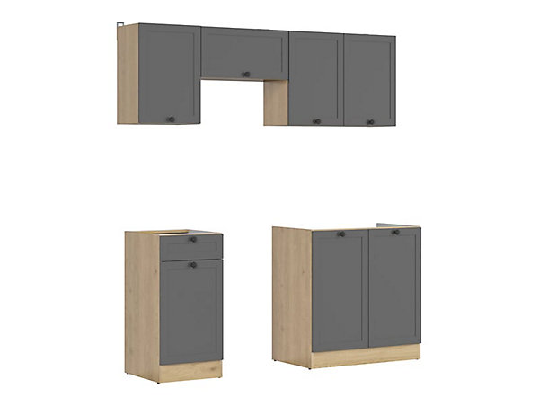 Cuisine complète 180 cm,Ensemble de meuble de cuisine coloris Gris graphite/Chêne graphite, plan de travail non inclus