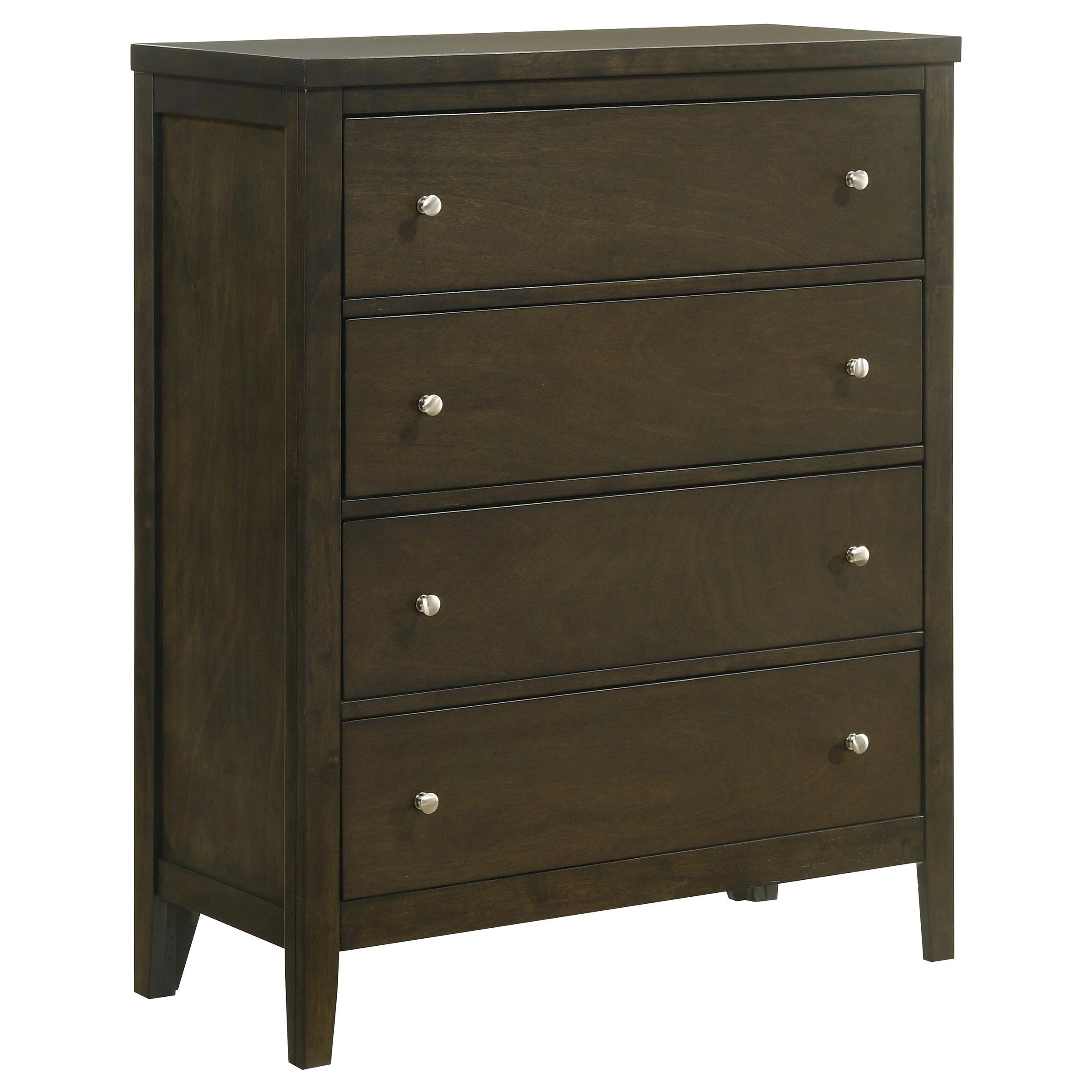 Wily Tall Dresser Chest, Dark Brown Wood, 4 Drawer, Round Nickel Knobs