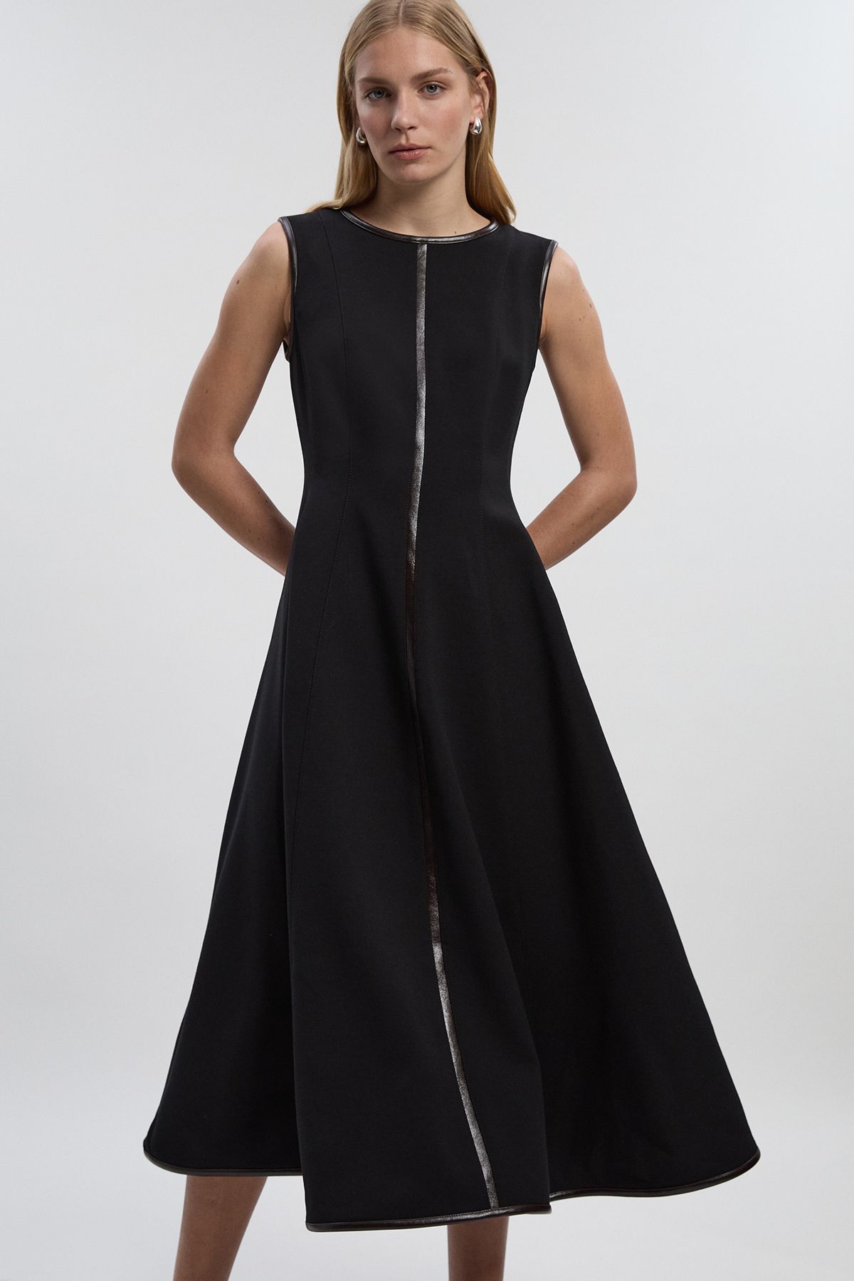 KarenMillen Compact Stretch Pu Mix Sleeveless Full Skirted Tailored Midi Dress