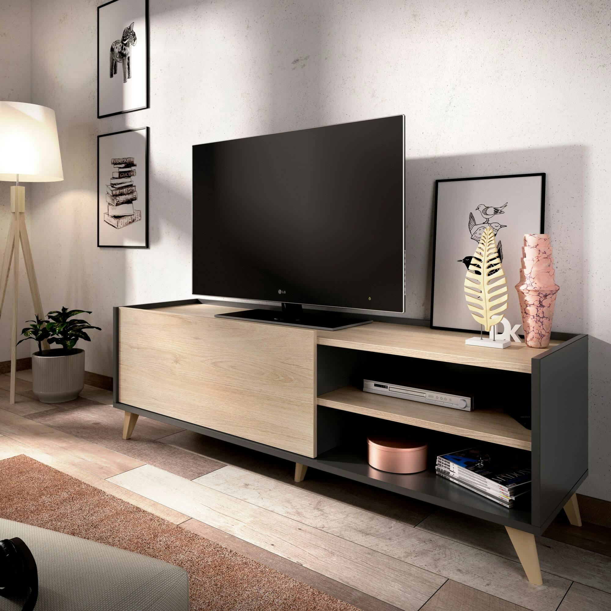 DACERBI - Meuble TV effet bois chêne et anthracite