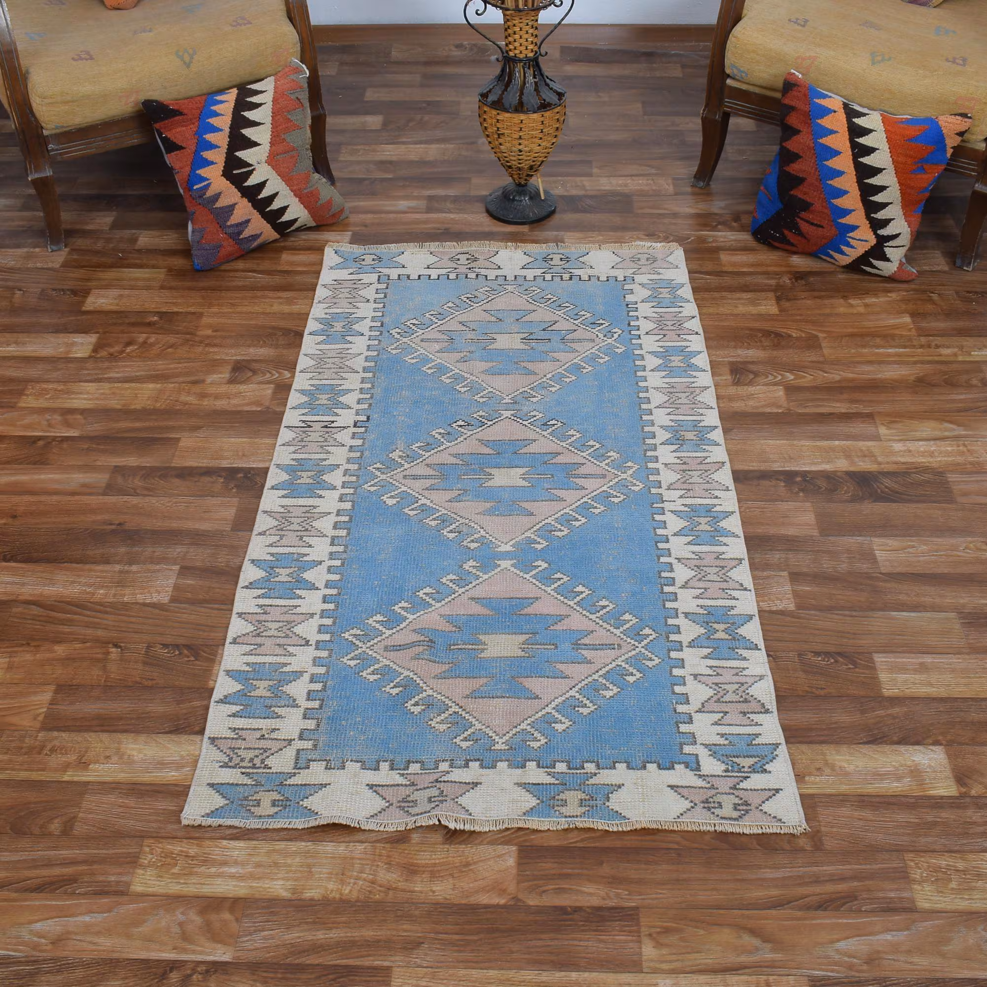 3x5 Soft Sky Blue Oushak Distressed Rug, Blush Pink Geometric Wool Rug, Vintage Turkish Pastel Boho Area Rug, Unique Small Entryway Decor
