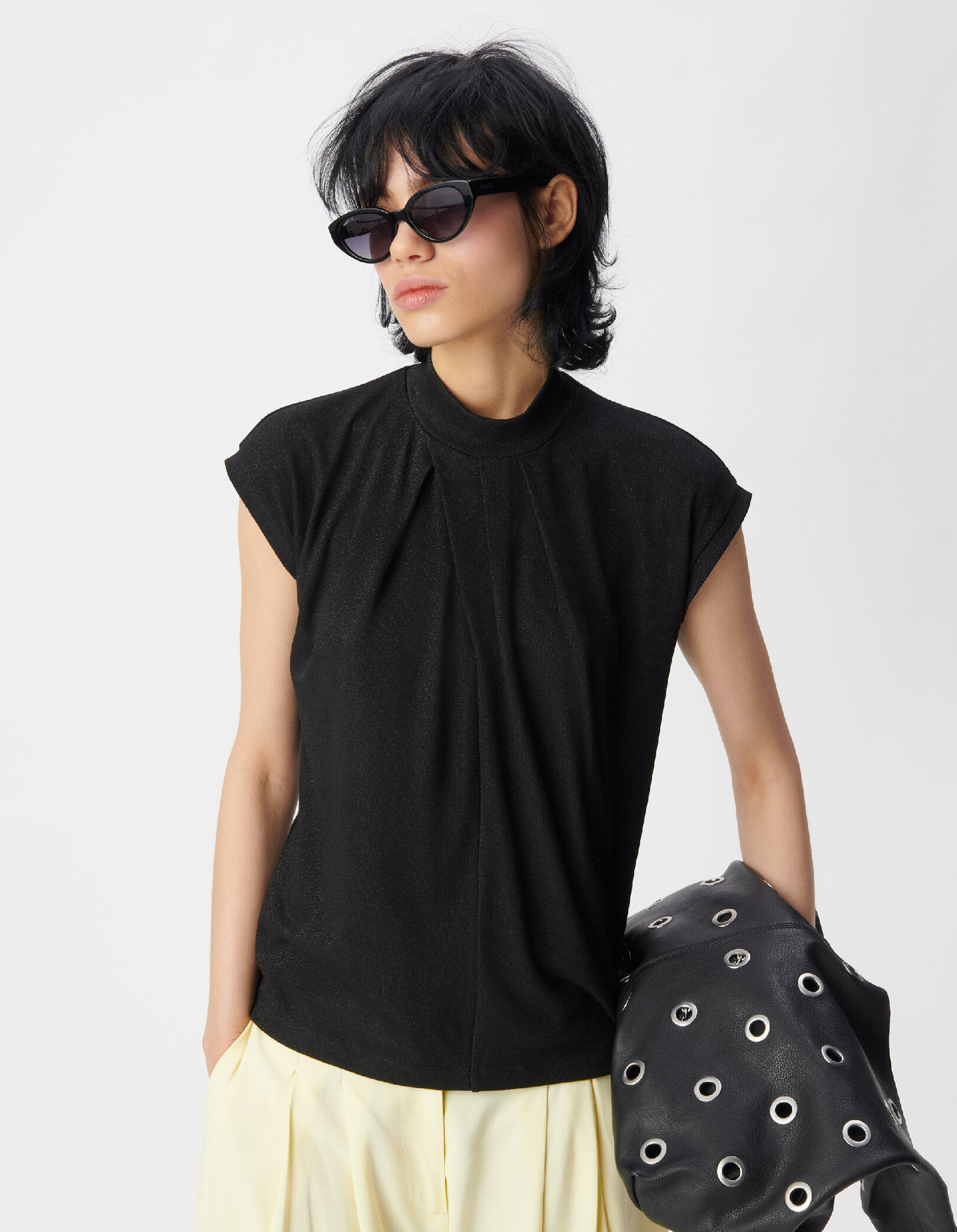 Tee-shirt sans manches noir pailleté Femme