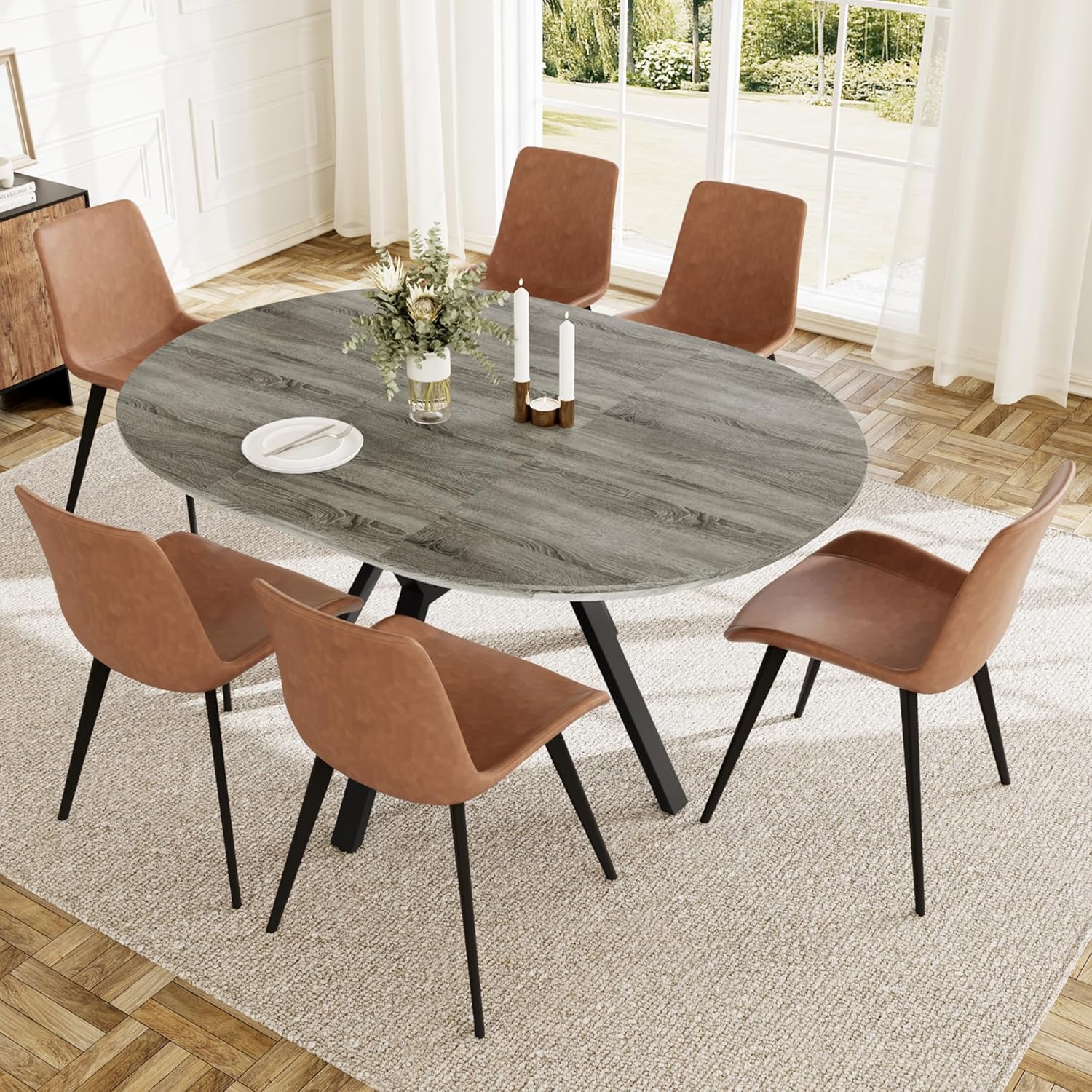 Extendable Round Dining Table Set for 6 People, 43.3-59.1 Extendable Kitchen Table with 6 Upholstered Chairs, Space Saving for Kitchen Dining Room (Grey Table+6 Brown Chairs)