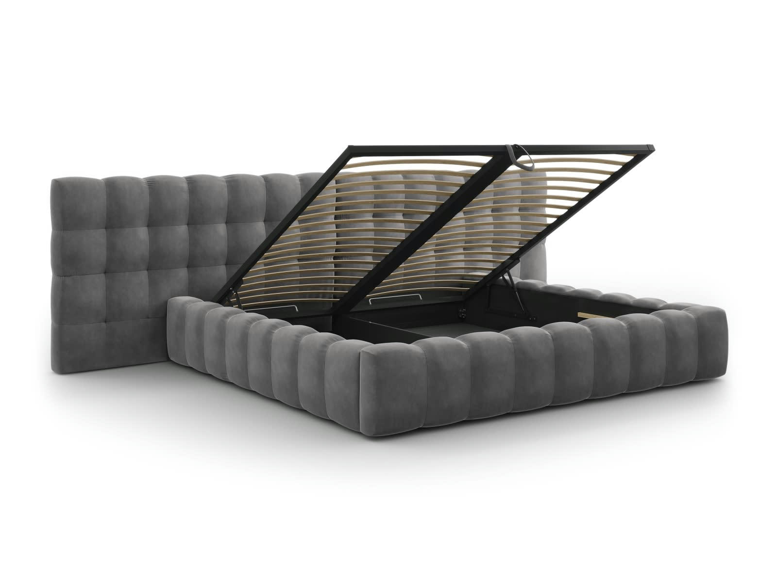 MAMAIA - Lit coffre en avec tête de lit double 200x200cm en tissu velours gris