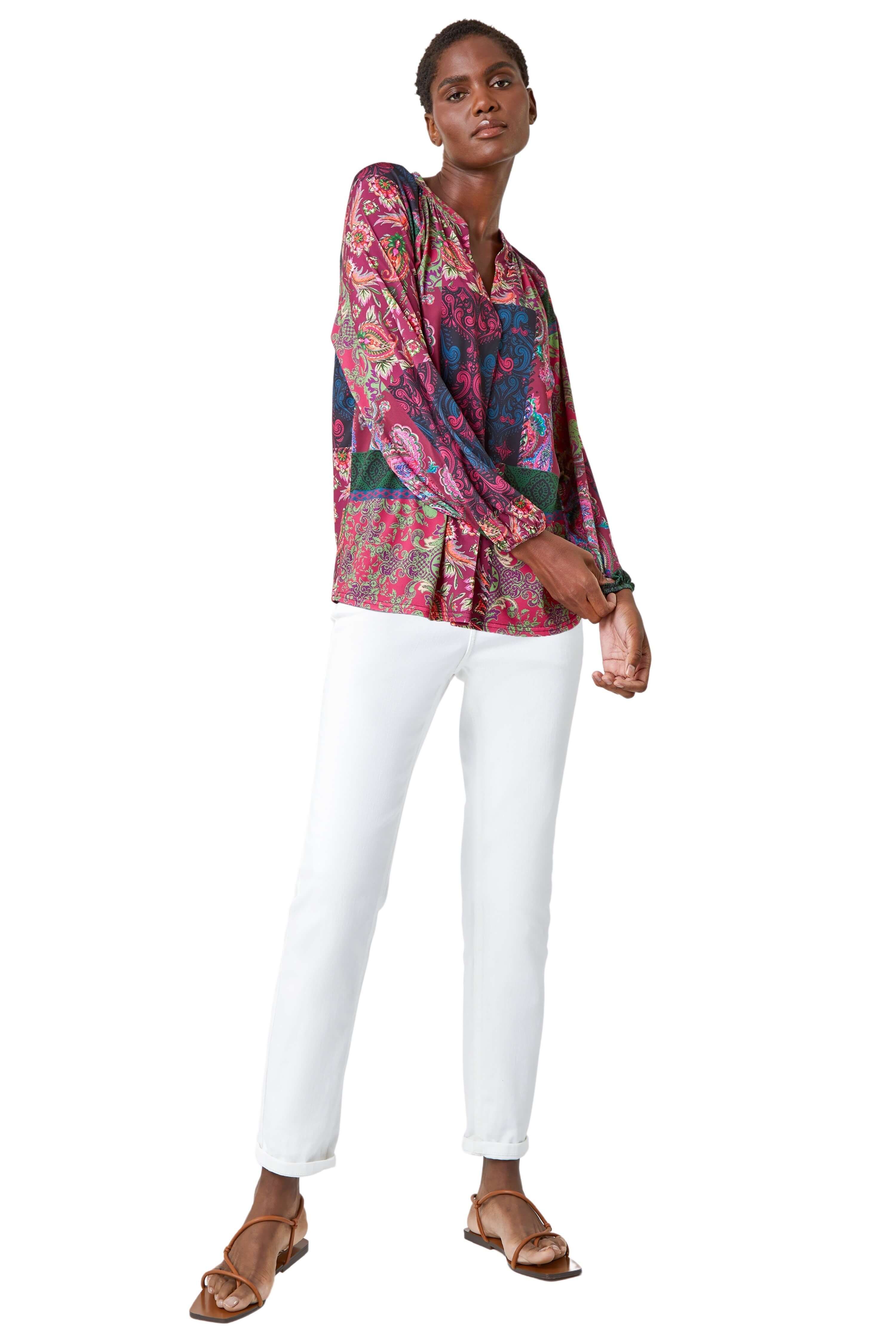 Roman Patchwork Print V-Neck Stretch Jersey Shirt