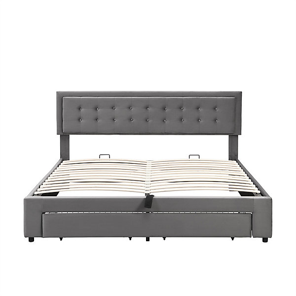 Lit adulte lit coffre lit 160x200 cm lit de rangement lit rembourré hydraulique lit 2 tiroirs lit double velours gris