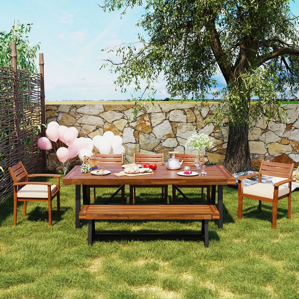 7-8 Person Outdoor Wood Dining Set with Removable Cushions and Table