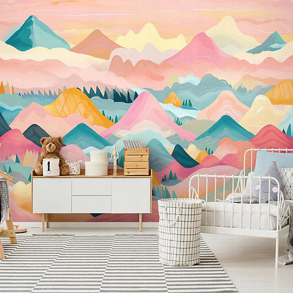Papier Peint Panoramique Intissé Montagnes Nuages Rose - 416x254 cm - Papier Peint Enfant