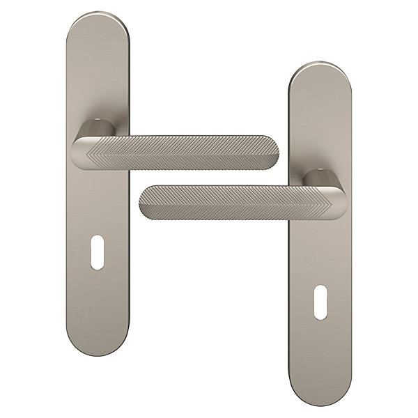 Ensemble poignée sur plaque rond serrure GoodHome Garlan effet nickel satin gris L.125mm x l.42mm entraxe 165-195mm