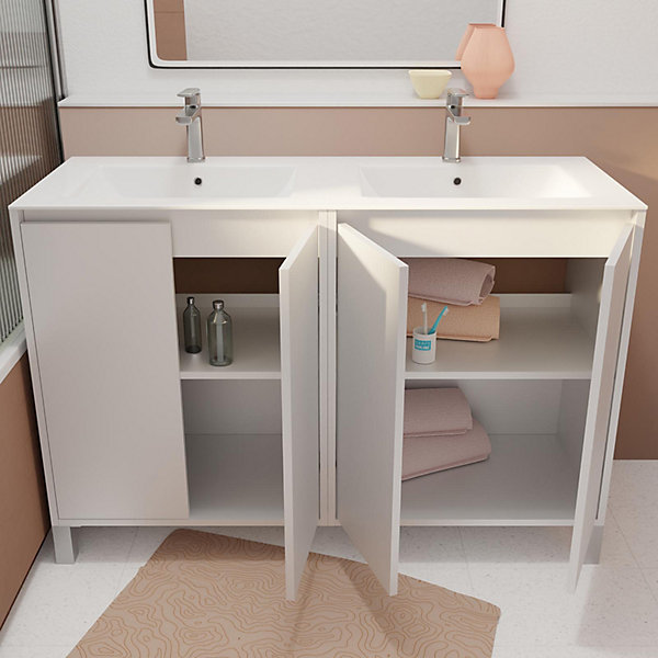 Pack Meuble Salle de Bains 120 cm Laqué Blanc, 4 portes avec Vasque Céramique - XENOS
