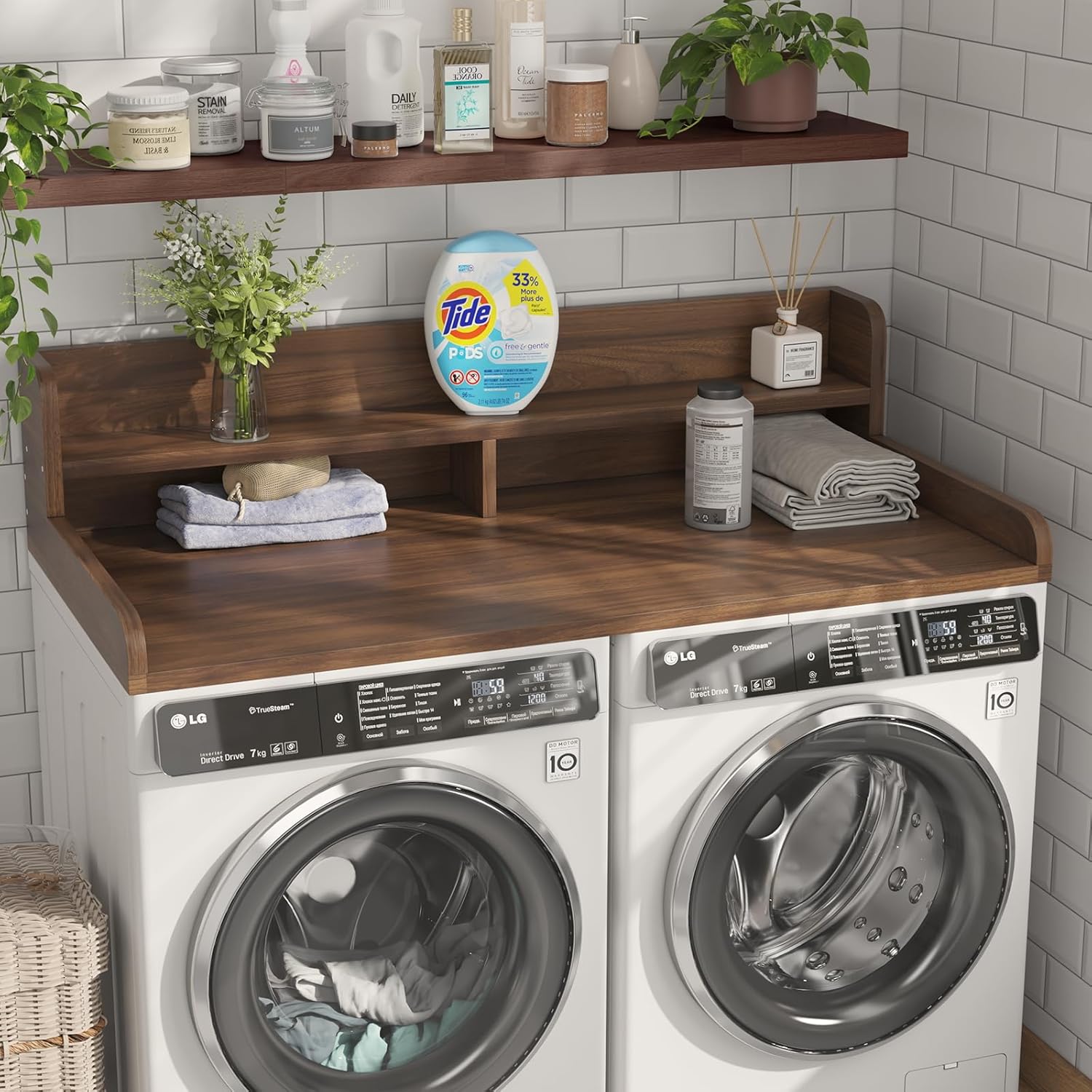 2-Tier Washer Dryer Countertop with 2.75 H Edge Rails, 54 W x 27.55 D Laundry Countertop for Folding Clothes, Washer and Dryer Topper with Non-Slip Pad (Dark Walnut)