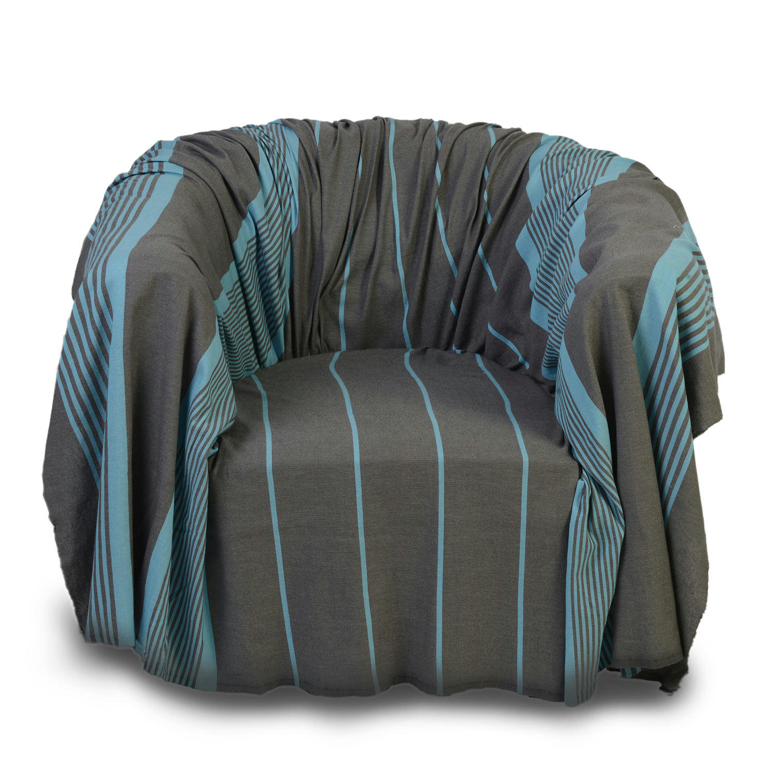 - CARTHAGE - Jeté fauteuil coton anthracite rayures turquoises 200 x 200