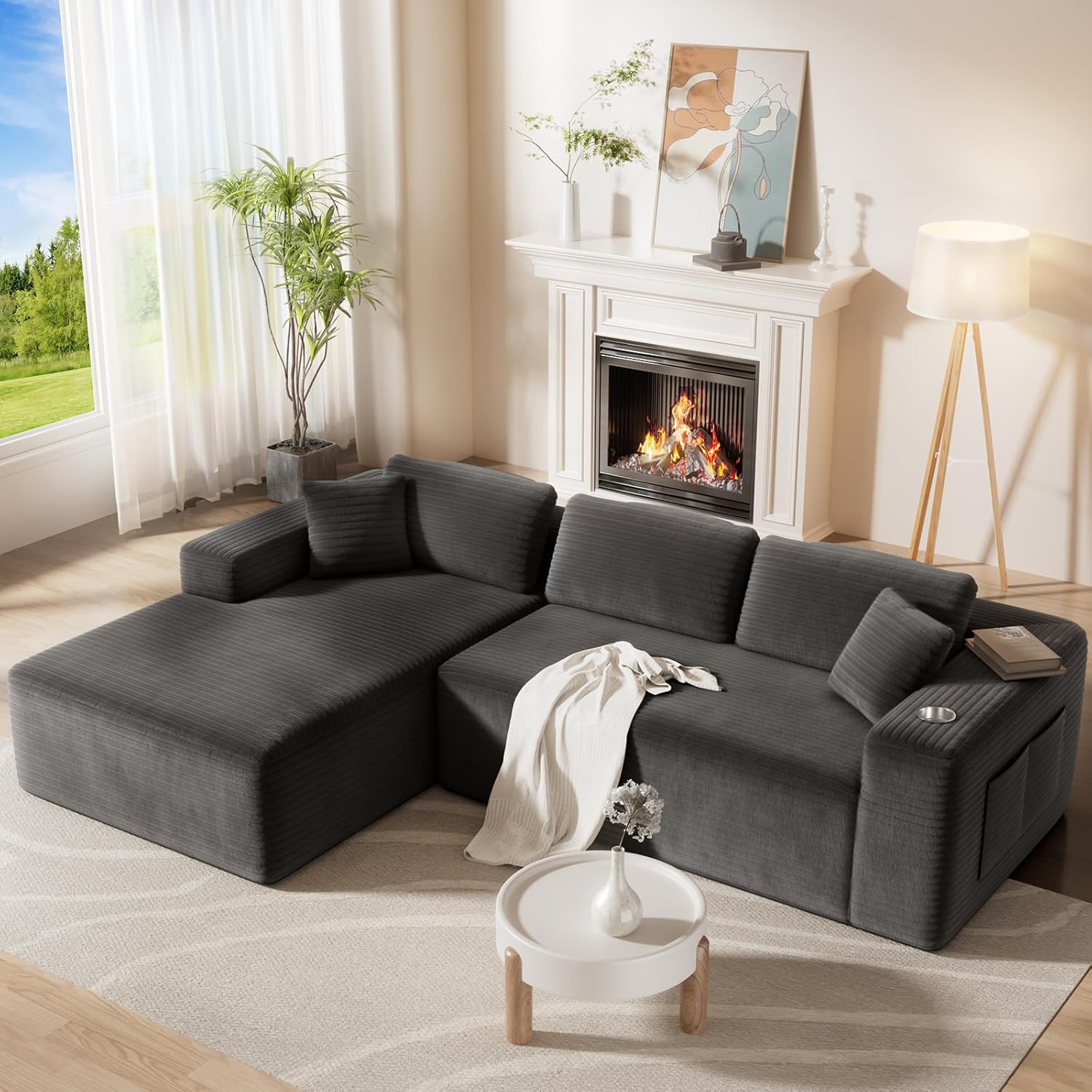 108” Cloud Sectional Couch in One Box, Compressed Modular Sectional Sofa with Deep Seat, Corduroy Boneless Couches, L-Shaped Sofa for Living Room, 4 Storage Pockets(Left Facing Chaise, Grey)